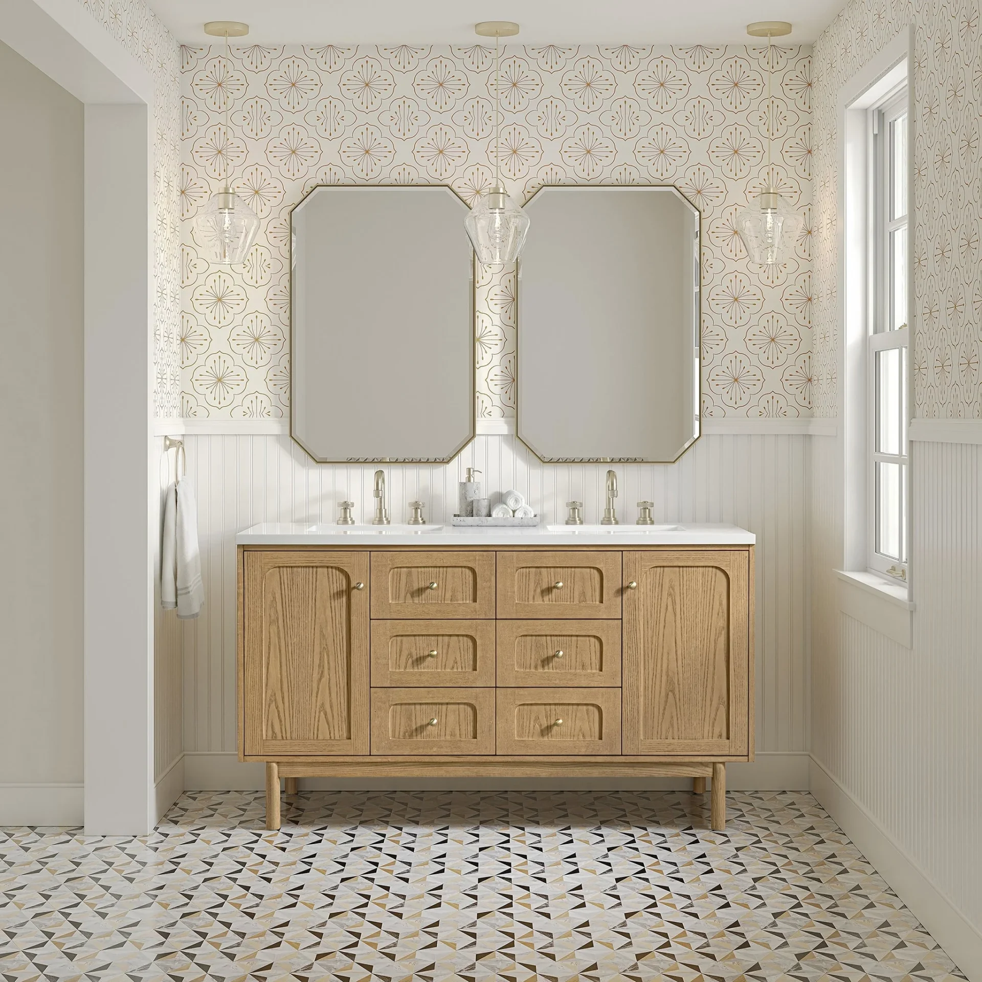 A modern interpretation of mid-century design, the Laurent 60" Double Vanity by James Martin Vanities features organic charm with soft, rounded picture-frame details. Its Light Natural Oak finish over cathedral grain Ash veneers highlights the beautiful, natural wood texture, while Champagne Brass knobs lend a touch of elegance. Designed for versatility, this vanity offers two top-row tip-out drawers, four generously sized full-extension drawers, and a removable bamboo drawer organizer. The two-door cabinet door opens to adjustable shelves and a conveniently integrated USB/120V power unit. Choose to install the Laurent as a freestanding vanity with the modern wood base, or float it on your wall using our durable French cleat hardware. Perfectly crafted and beautifully appointed, Laurent brings an understated elegance to any bathroom. Select one of our 3 cm tops to complete the look.