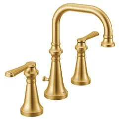 brushed gold wide spread bathroom faucet with gooseneck