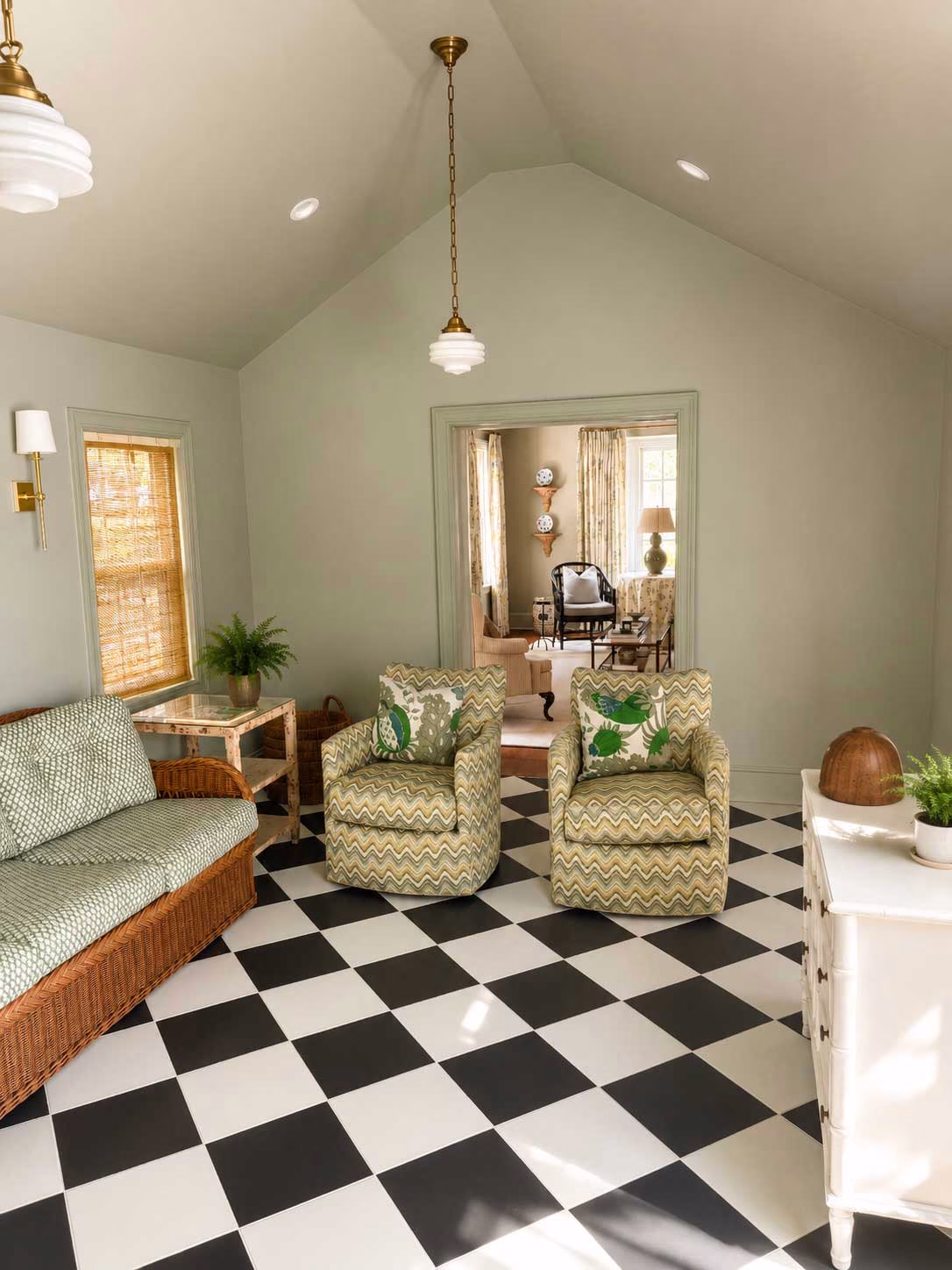 living room with black and white checkered floor